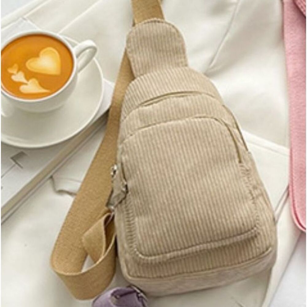 Stylish Tan Khaki Corduroy Small Multi-Pocket Sling Bag